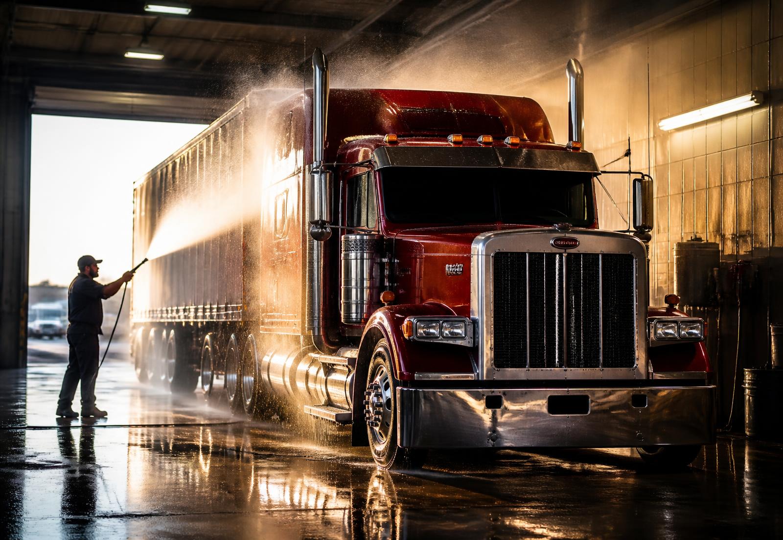 Semi truck being pressure washed in a Logo Truck Wash bay