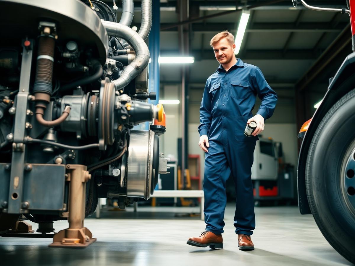 Technician performing an oil and filter change on a heavy duty truck